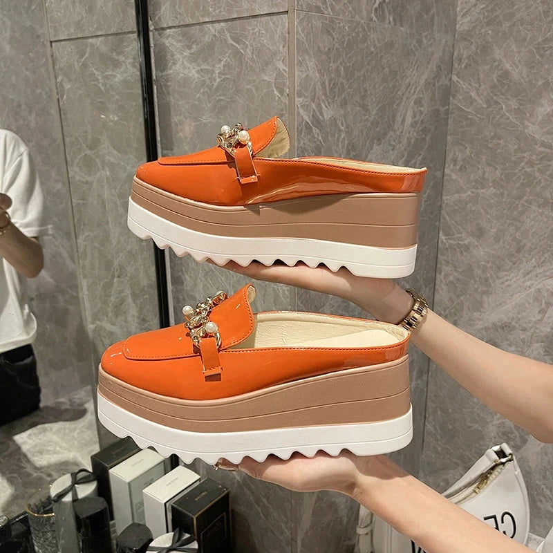 Chain Pearl Wedges Platform Mules Sandals Women Summer New Luxury Brand High Heels Slipper Casual British Pumps Woman Shoes