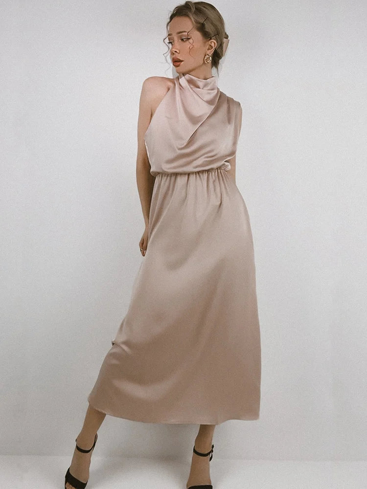 Summer High-End Silk Satin Sleeveless Long Dress Women Fashion Elegant Celebrity Dresses Evening Dress Party Clothes Ladies