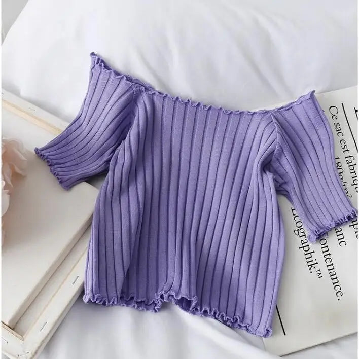 Off The Shoulder Top Women Knitted Sexy Short Sleeve Slim Fit T-Shirts Crop Top Y2k Top Summer Clothes Korean Casual Tees Female