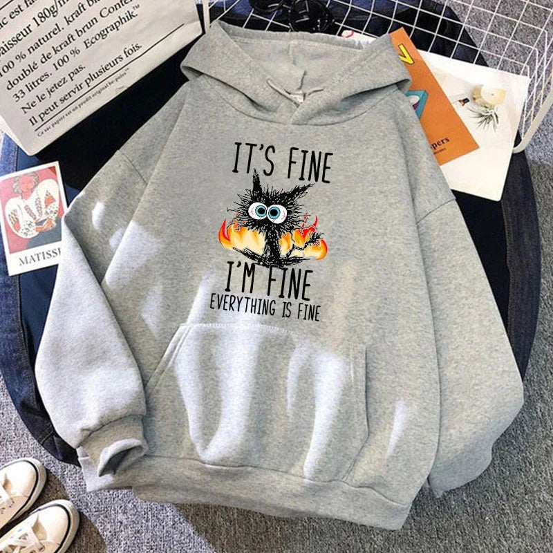 (Premium hoodie)Hot  Cat Its Fine Im Fine Everything Is Fine Printed Women And Men Hoodies Loose Pullover Hooded