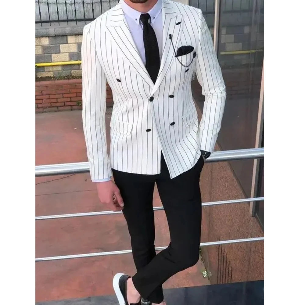 Striped Men Suits Fashion Slim Fit 2 Pieces Blazer Pants Double Breasted Classic Fit Outfits For Wedding Groom