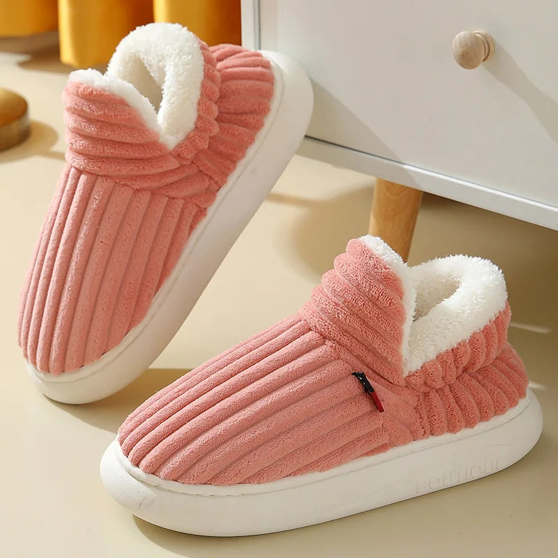 Fashion Couple Winter Warm Plush Slippers Thick Sole Non Slip Casual Cotton Shoes Woman Corduroy Soft Indoor Home Slippers