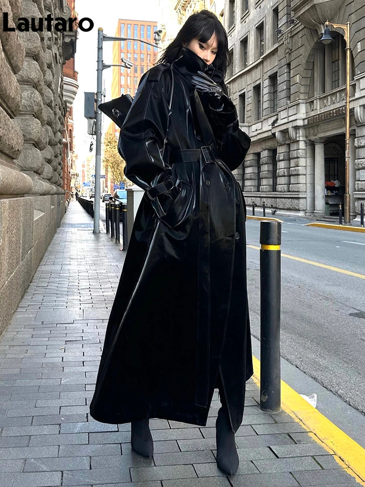 Lautaro Spring Autumn Extra Long Oversized Cool Reflective Shiny Black Patent Leather Trench Coat for Women Belt Runway Fashion