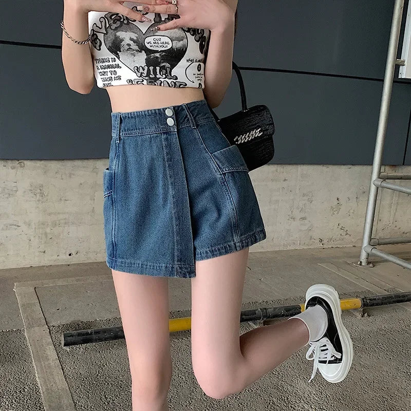 American Style Vintage High-waisted Slimming Denim Shorts For Women Trendy Summer New A- line Pants Casual Fashion