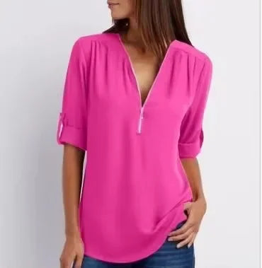 Hot Sale Women Cool Loose Shirt Deep V Neck Chiffon Fashion Blouse Casual Ladies Tops Sexy Zipper Pullover Plus Size