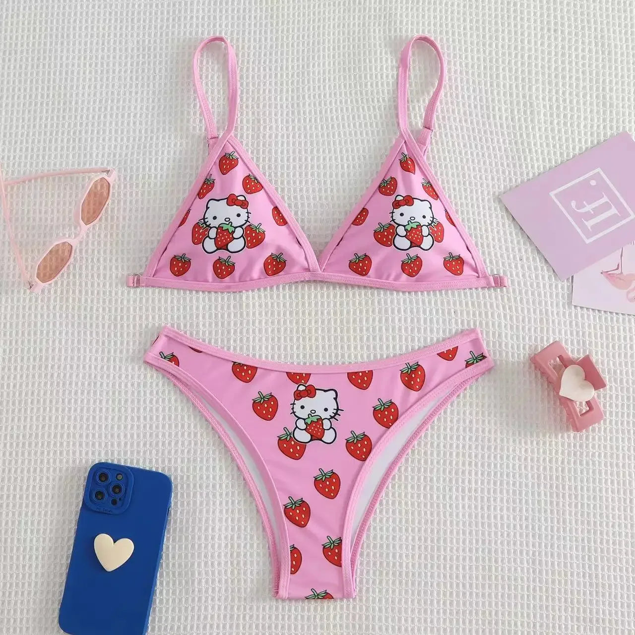 Hellokitty Cute Girls Sexy Bikinis Set Print Bikini Swimsuit Women Swimwear Beachwear Lingerie Elasticity Slips On Vacation