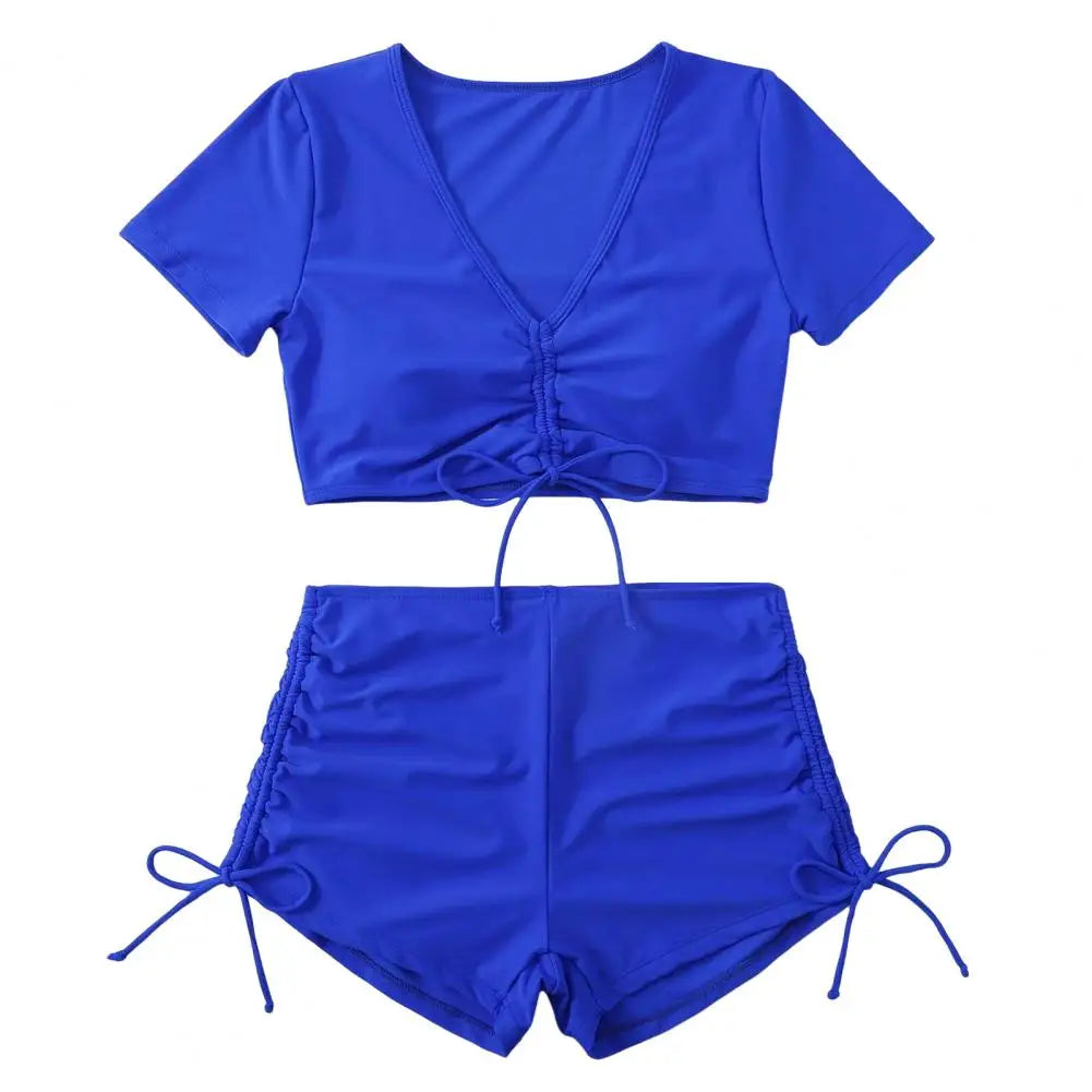 2Pcs/Set Swimsuit for Women Bikini Set V-Neck Short Sleeve Tops High Waist Drawstring Swimming Trunks Quick Drying Swimsuit