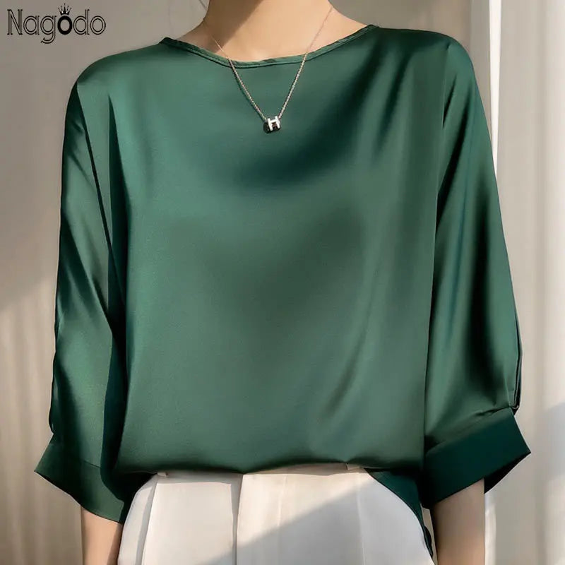 New In Summer Satin Silk Half-Sleeve Tee Tops Basic Solid Casual O-neck Thin Shirts Ladies Loose Blouses