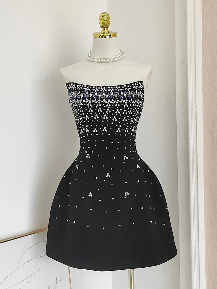 French Style Diamond Spliced Party Mini Dresses For Women Slash Neck Sleeveless High Waist Black Female Dress