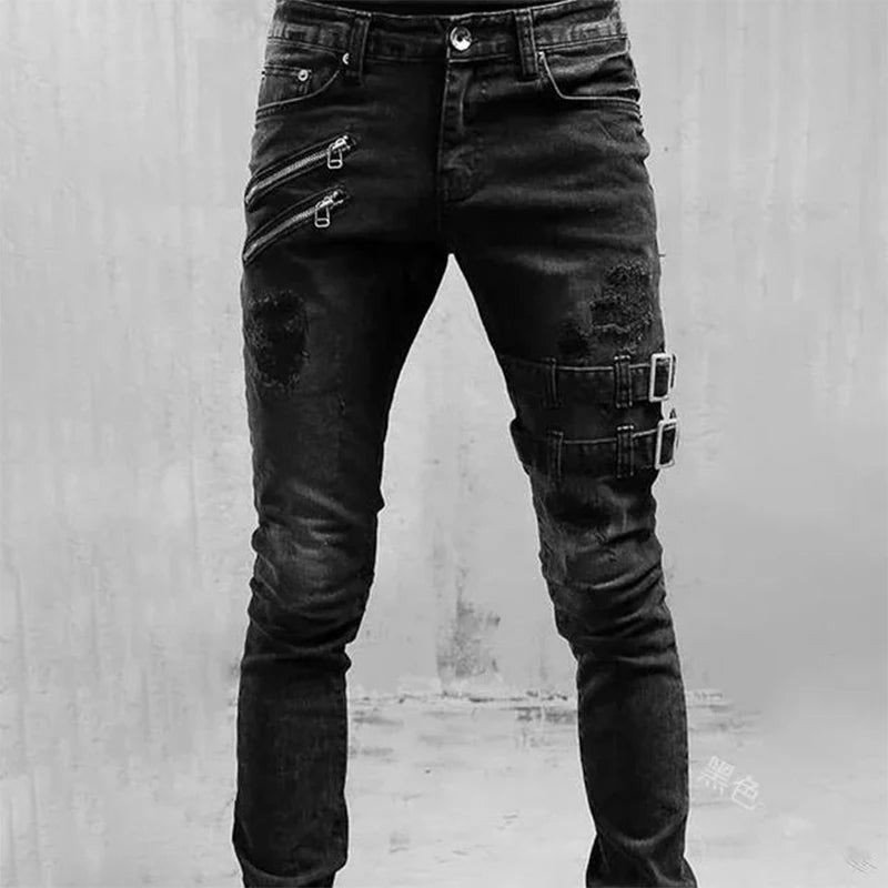 Street Skinny Ripped Jeans Men Denim Cargo Pants Wash Solid Color Casual Mid Waist Trousers Slim Daily Wear Joggers Y2K Clothing