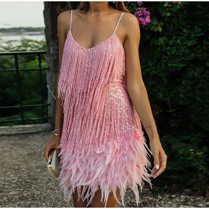 New Sexy Tassel Sequins Feather Mini Dress Women Spaghetti Strap Stitching Dresses Female Elegant Evening Party Club Dress