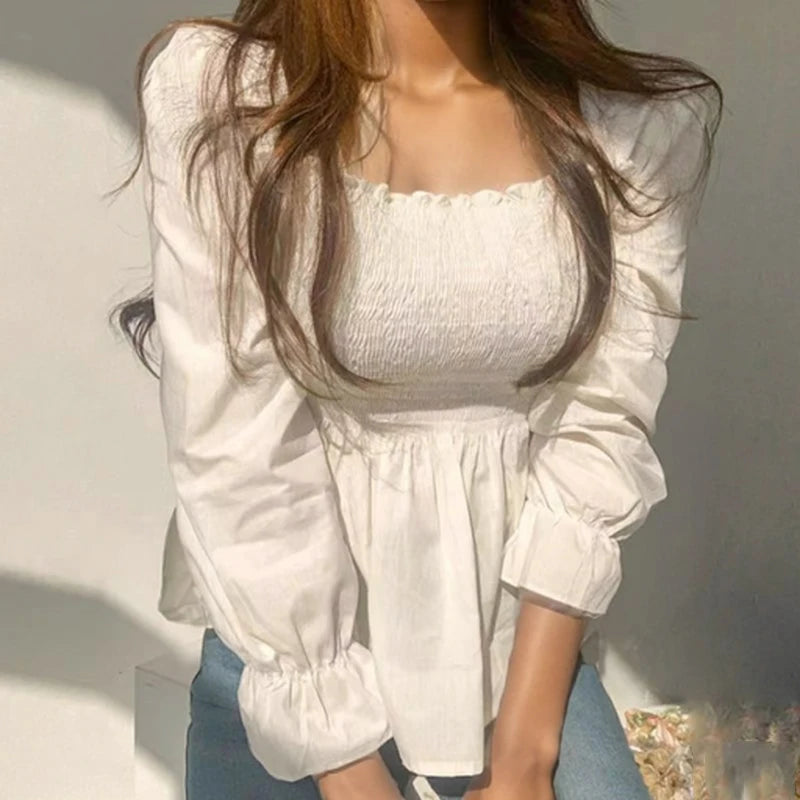 Elegant Long Sleeve Pleated White Women's Blouse Office Lady Fashion Sweet Square Neck Shirt New Casual Elastic Slim Tops