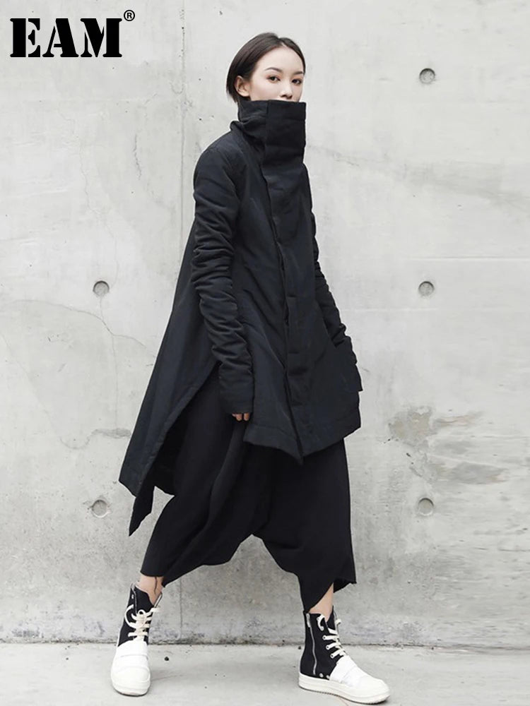 New Fashion Winter Stand Collar Irregular Long Type Black Cotton-padded Clothes Loose Coat Black Jacket Woman YA771