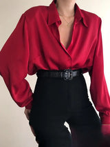 Women Button Blouses Turn Down Collar Shirts Office Lady Long Sleeve Casual Blouse Loose OL Shirt Baggy Tops Red/Wine Red /Black