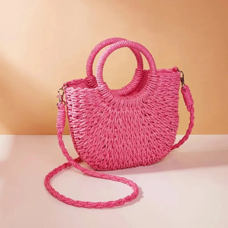 Handwoven Straw Rattan Half-Moon Beach Handbag Large Capacity Women Summer Hollow Out Crossbody Shoulder Bag