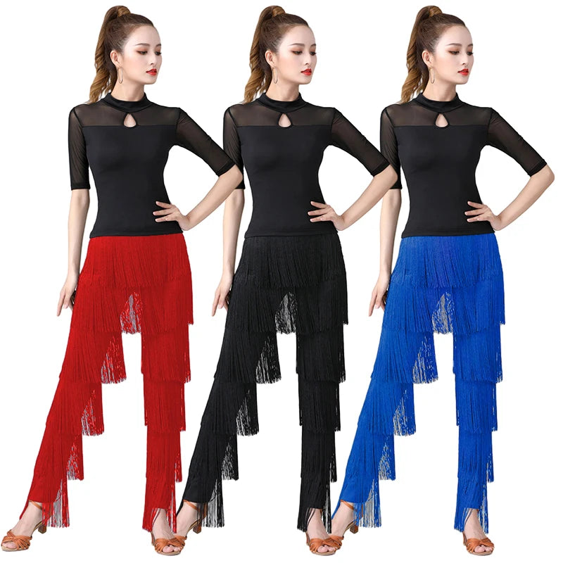 Women's Tassels Fringe Dance Pants Ballroom Latin Tango Salsa Practice Performance Dancing Costume Pants Blakc Blue Red