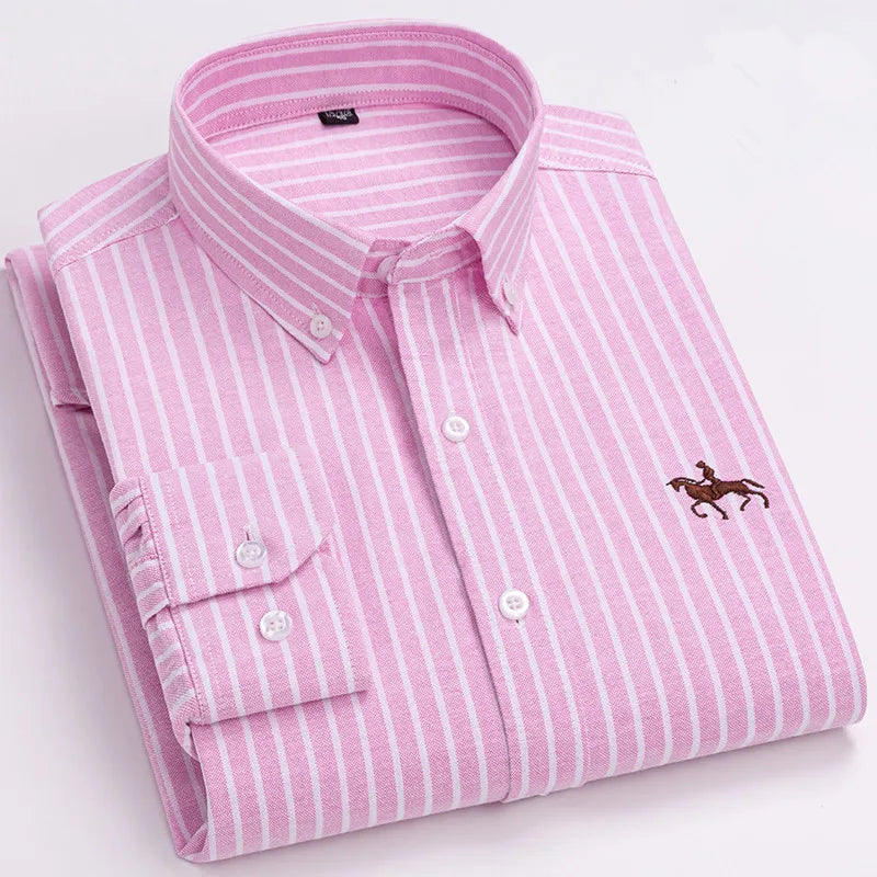 100% Cotton Oxford Shirt Men's Long Sleeve Embroidered Horse Casual Without Pocket