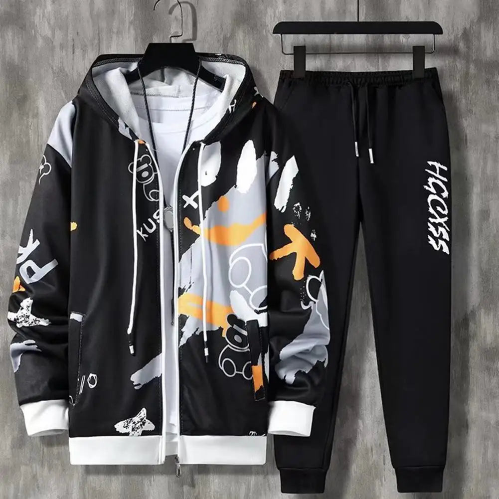 2 Pcs/Set Men Coat Pants Suit Hooded Letter Print Drawstring Loose Jogging Set Hip Hop Ankle-banded Men Sportwear Tracksuit