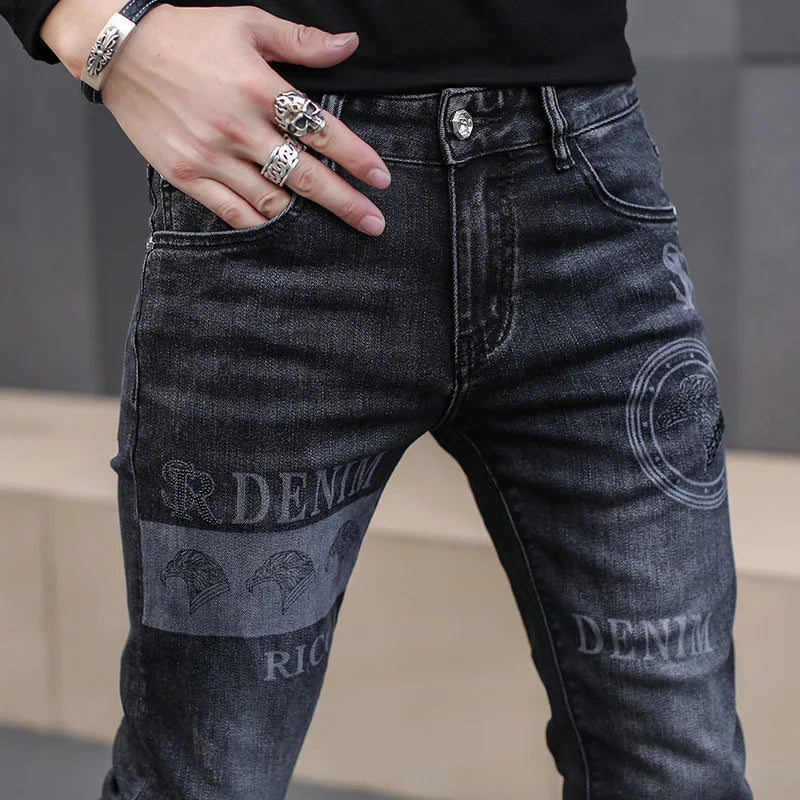 Black Jeans For Men Fashion High Street Slim Printing Denim Man Pants Autumn Stretchy Casual Biker High Quality Men's Clothing