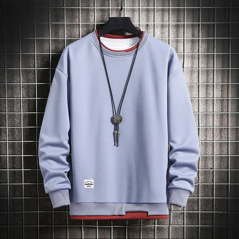 Men's Casual Sweatshirts Hoodie Men Fake Two Pieces Multi Color O-Neck Fashion Harajuku Style Male Sweatshirt New