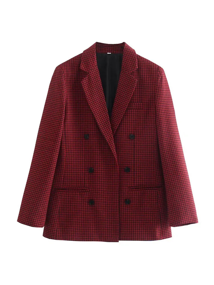 KPYTOMOA Women Fashion Office Wear Double Breasted Check Blazers Coat Vintage Long Sleeve Pockets Female Outerwear Chic Tops