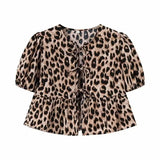 Leopard Print Crop Top Women Puff Sleeve Ruffle Blouses Woman 2024 Summer Shirts and Blouses for Women Ruched Ladies Tops