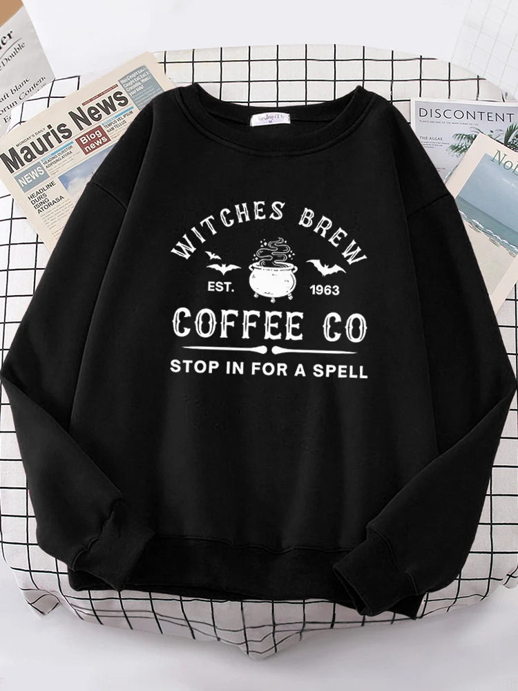 Witches Brew Coffee Letter Printing Simple Solid Color Letter Printing Womens Sweatshirts Long Sleeves Warm Pullover Clothes