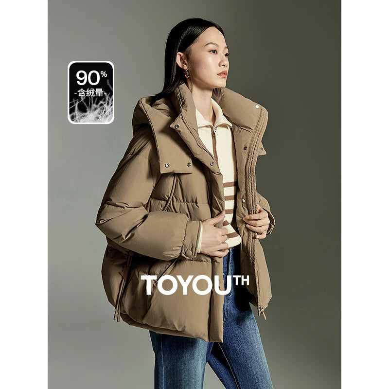 Toyouth Women Down Jacket 2023 Winter Long Sleeve Stand Collar Thick Hooded Coat Casual Versatile Khaki Black Pink Outwear