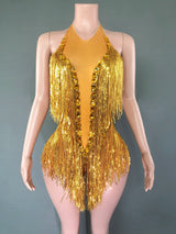 Sparkly Rhinestones Sequins Fringes Leotard Sexy Tassel Bodysuit One-piece Dance Costume Dancer Performance Show Stage Wear