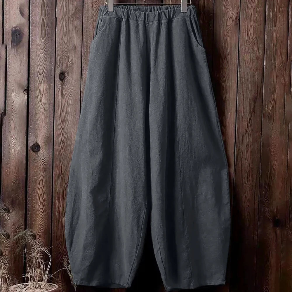 Spring Summer Cotton Linen Style Bloomers Wide Leg Pants Women Vintage Full Length Elegant Pants Solid Elastic Waist S-5XL