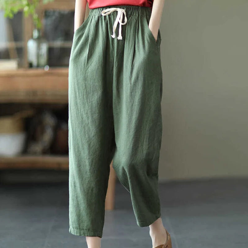 Rimocy Summer Casual Cotton Linen Pants Women Retro Pockets Loose Harem Pants Woman Solid Elastic Waist Trousers Female