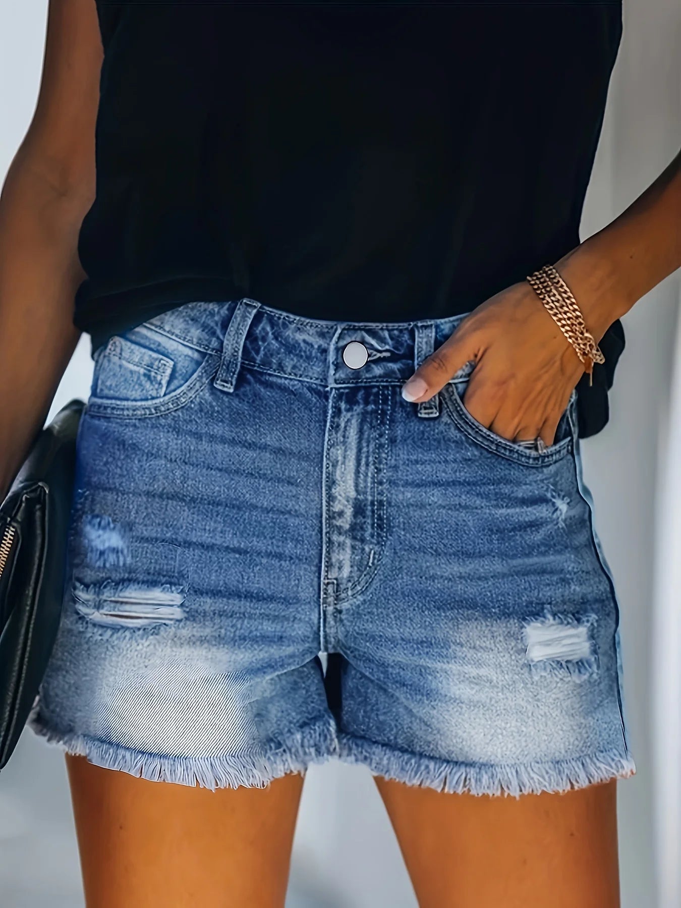 Blue Frayed Hem Denim Shorts, Ripped Holes Slash Pockets Short Denim Pants, Women's Denim Jeans & Clothing