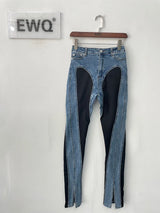 [EWQ] Women Streetwear Splice Jeans Autumn New Tide Female Fashion Patchwork Contrast High Waist Split Denim Pencil Pants