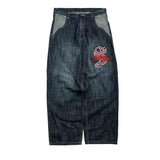 Y2K trendy retro classic pocket skull pattern straight denim trousers summer American Gothic washed wide-leg denim loose pants