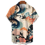 Shanhaijing Ukiyoe Waves and Clouds Printed Men's Short-sleeved Shirt Casual Daily Summer Fashion Street Trend Tops Oversized