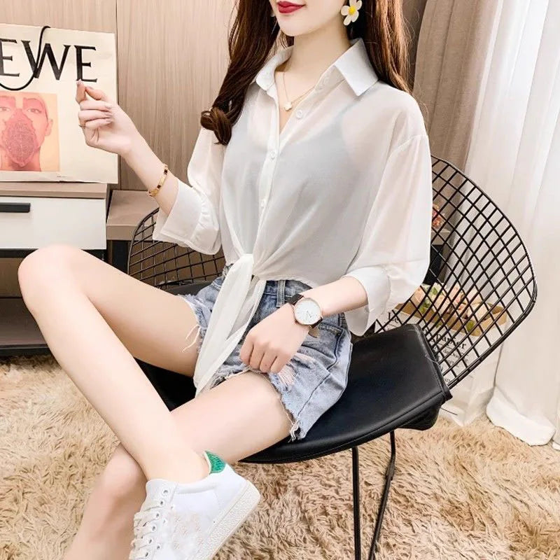 Summer Sun Protection Shirts Ladies Solid Color Tied Waist Half Sleeve Button Blouse Women Casual Loose Chiffon Shirt