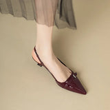 New Summer French Wine Red Pointed Patent Leather Mid-heel Overhead Sandals for Women Retro Skinny Heel Back Empty Shoes