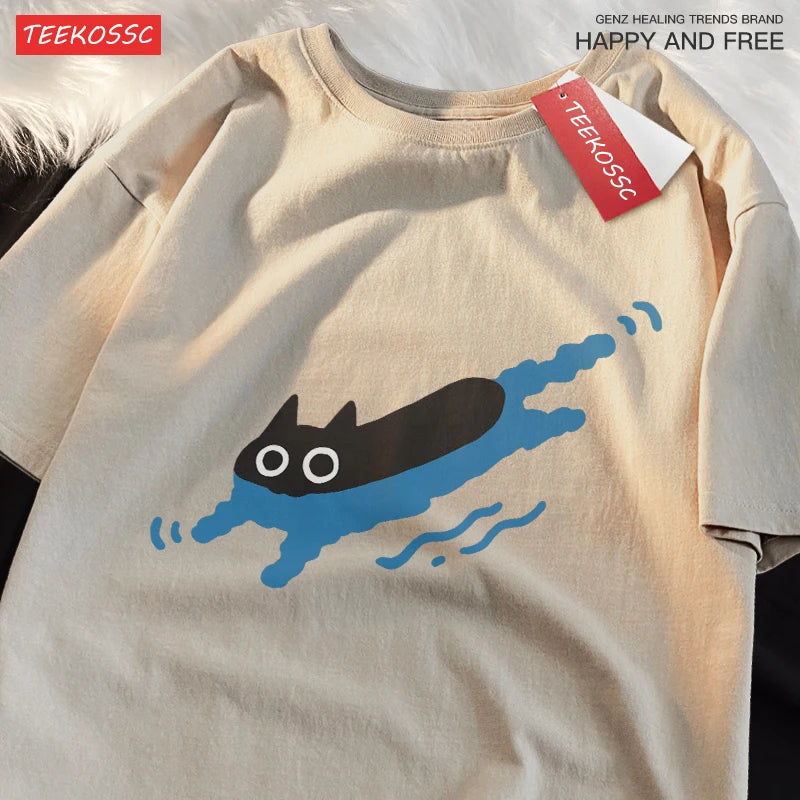 Couple Tees Swimming Black Cat Diving Shoulder Short Sleeved T-shirt For Men Women Breathable Casual Pure Cotton Loose Tops