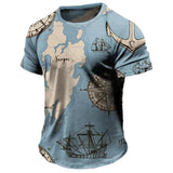 Vintage Men's T-shirt Summer American Shirt Tops Compass Printed Short-sleeve Tees Loose Daily Men Clothing Casual Streetwear