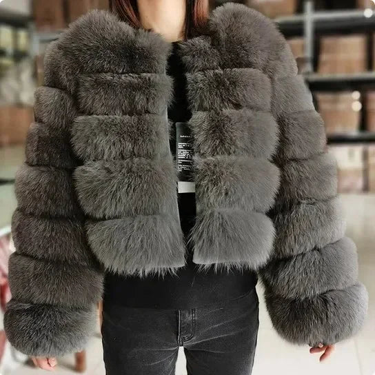 Faux Fox Fur Coat Women Winter Long Sleeve Luxury Raccoon Fur Jackets Thick Top Female Furry Coat Fluffy Synthetic Top Outwear