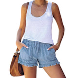 Fashion Women’s Washed Denim Shorts Summer Casual Drawstring Elastic Waist Frayed Hem Loose Short Jeans Oversized XXL Shorts