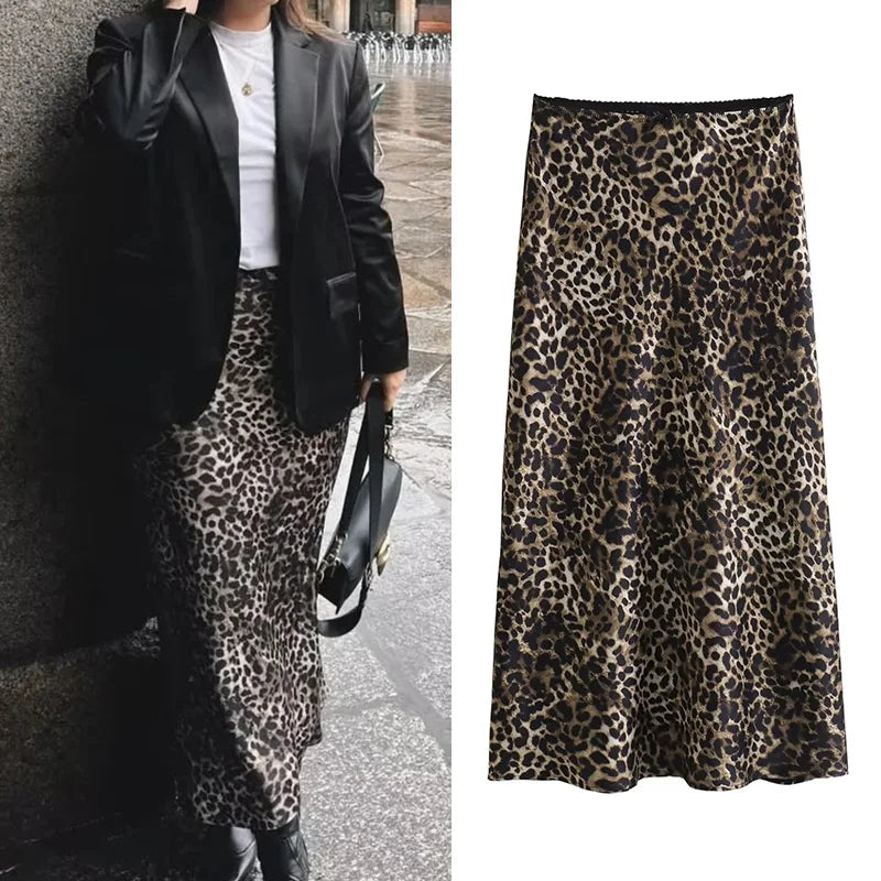 TRAF Leopard Print Satin Skirt Woman Bow Vintage Midi Skirt 2024 Summer Elegant Long Skirts For Women Fashion Women's Skirts