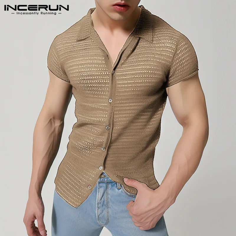 INCERUN Men Shirts Lapel Short Sleeve Mesh Transparent Hollow Out Men Clothing Streetwear Solid Color Fashion Camisas S-5XL