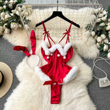 New In Women's Secret Clothes Christmas Red Top Sexy Patchwork Bodysuit Cosplay Erotic Lingerie Winter Strap Pajamas Nightwear