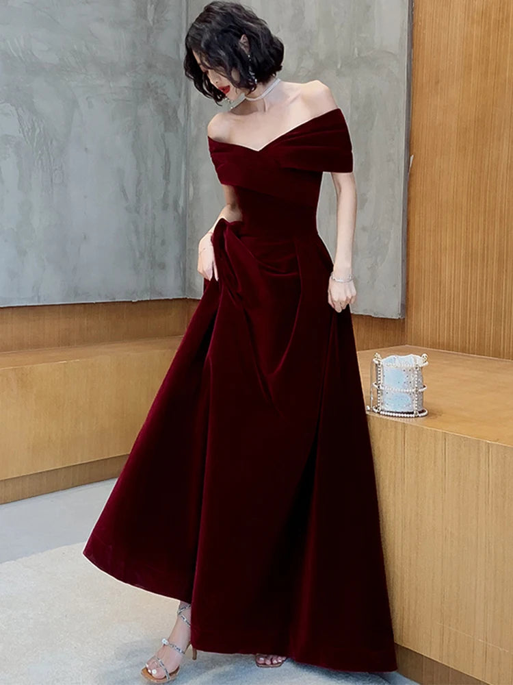 Lautaro Spring Long Luxury Elegant Wine Red Soft Velvet Evening Party Wedding Dresses for Women Off Shoulder Maxi Dress