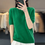 Fashion short half sleeve cashmere women's sweater 100% pure merino wool round neck pullover T-shirt