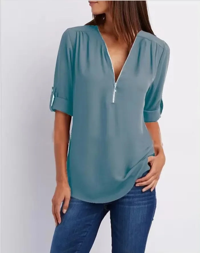 Hot Sale Women Cool Loose Shirt Deep V Neck Chiffon Fashion Blouse Casual Ladies Tops Sexy Zipper Pullover Plus Size