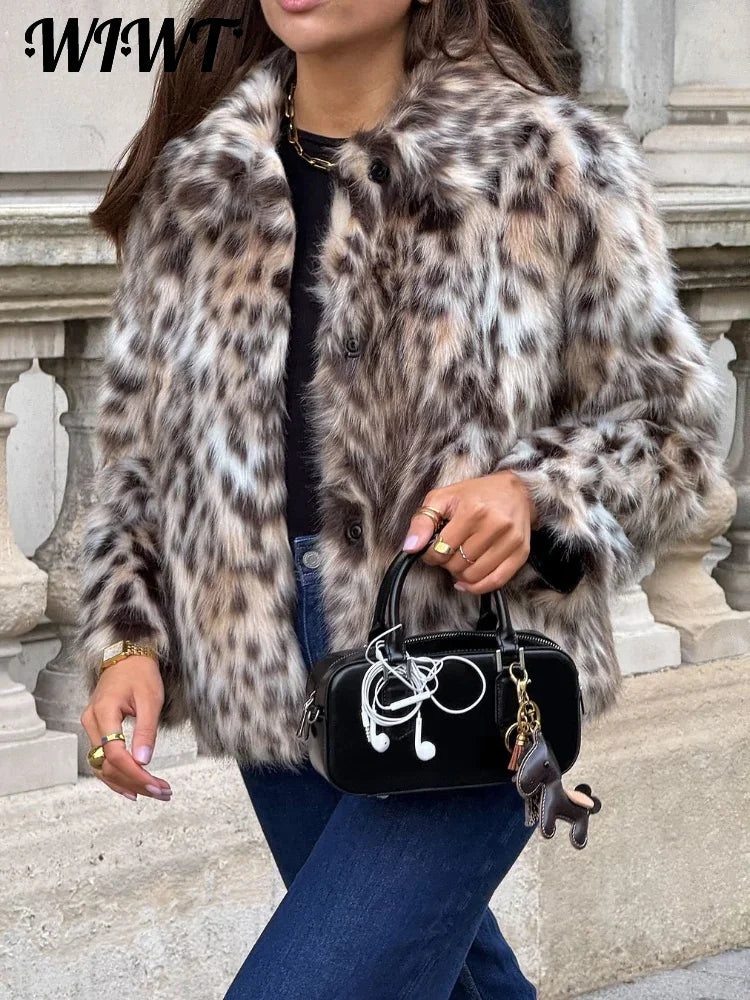 Fashion Leopard Faux Fur Coat Women Casual Lapel Single Breasted Plush Warm Overcoat 2024 Winter New Lady Cozy Print Streetwear