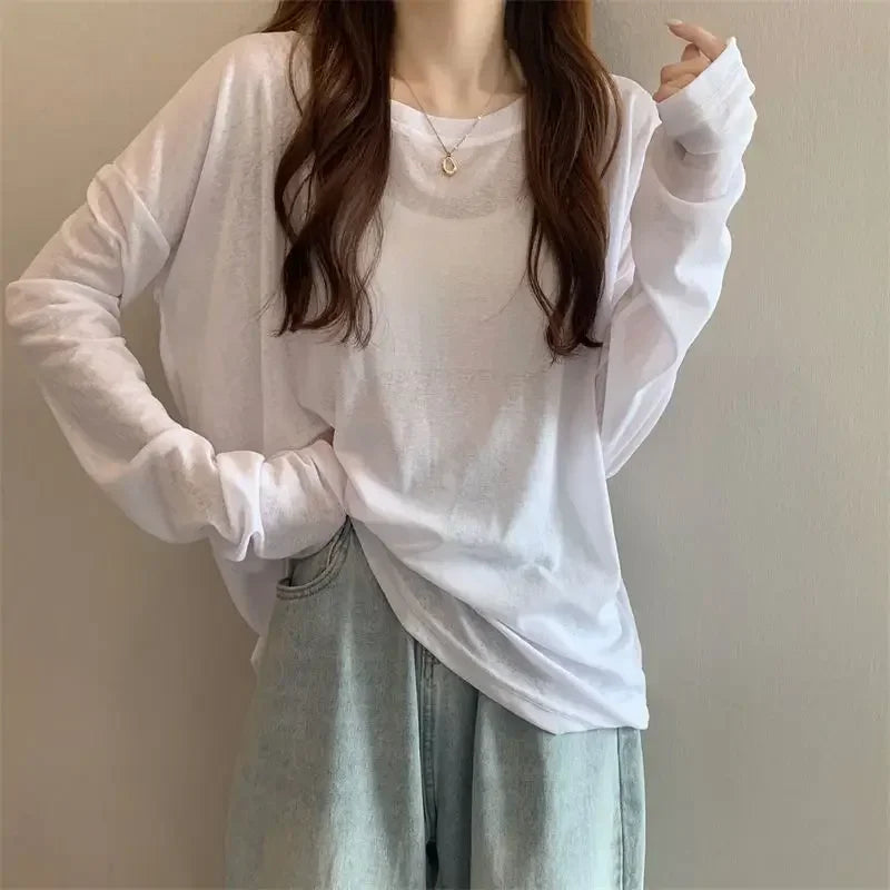 Mesh Sunscreen Clothing Long Sleeved T-shirt Cover Women's Summer Thin Fairy Tops Ladies Korean Casual Bottom Shirt Loose Blouse