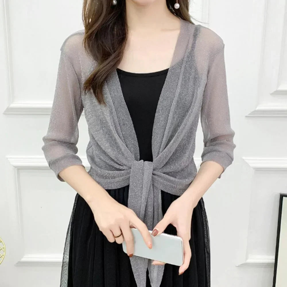 Women's Sheer Glitter Lace-up Cardigan Half Sleeve Summer Lightweight Jacket See-through Loose Blouse Women